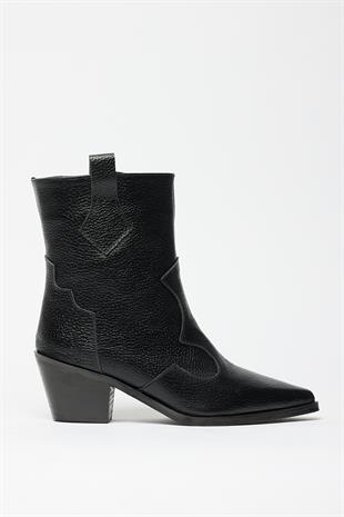 Kadın Siyah Hakiki Deri Western Kovboy Bot – Sivri Burun Topuklu