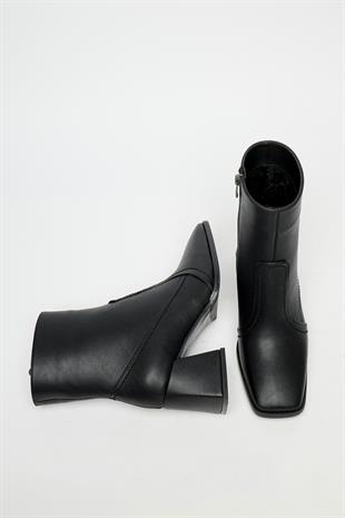 Kadın Siyah  Küt Burun Topuklu Bot & Bootie – Fermuarlı Günlük Şık