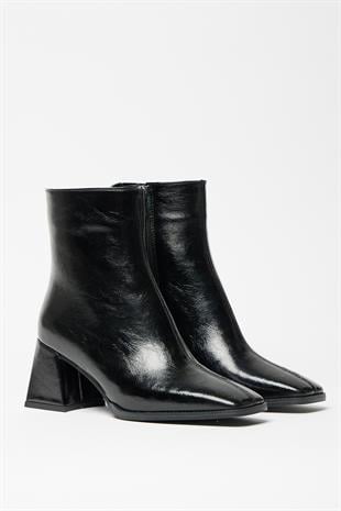 Kadın Siyah Rugan  Bot & Bootie Küt Burun Topuklu Kontrast PU Deri Fermuarlı Şık