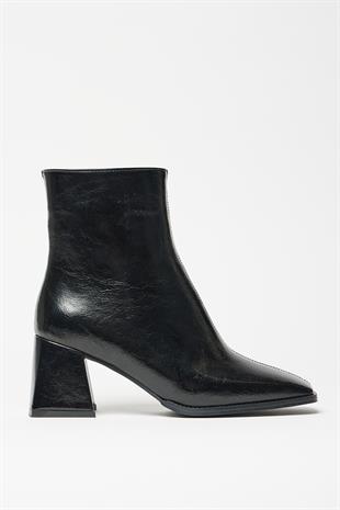 Kadın Siyah Rugan  Bot & Bootie Küt Burun Topuklu Kontrast PU Deri Fermuarlı Şık