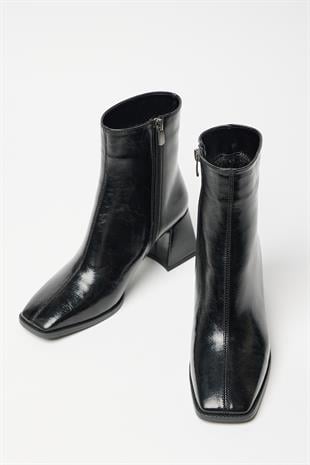 Kadın Siyah Rugan  Bot & Bootie Küt Burun Topuklu Kontrast PU Deri Fermuarlı Şık