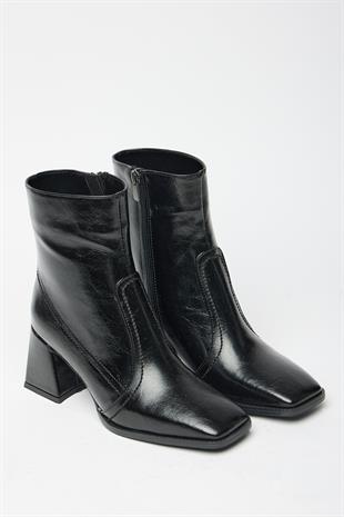 Kadın Siyah Rugan Küt Burun Topuklu Bot & Bootie – Fermuarlı Günlük Şık