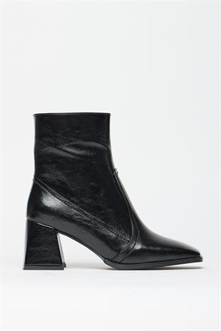 Kadın Siyah Rugan Küt Burun Topuklu Bot & Bootie – Fermuarlı Günlük Şık