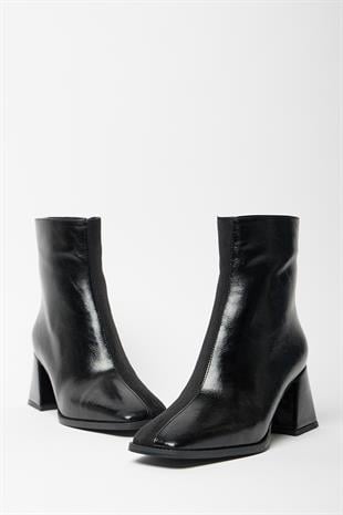 Kadın Siyah Rugan Süet Bot & Bootie Küt Burun Topuklu Kontrast PU Deri Fermuarlı Şık