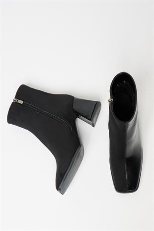 Kadın Siyah Rugan Süet Bot & Bootie Küt Burun Topuklu Kontrast PU Deri Fermuarlı Şık