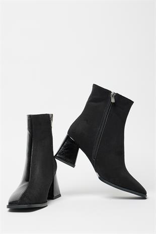 Kadın Siyah Rugan Süet Bot & Bootie Küt Burun Topuklu Kontrast PU Deri Fermuarlı Şık