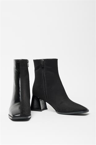 Kadın Siyah Rugan Süet Bot & Bootie Küt Burun Topuklu Kontrast PU Deri Fermuarlı Şık