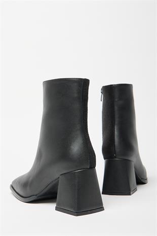 Kadın Siyah Süet Bot & Bootie Küt Burun Topuklu Kontrast PU Deri Fermuarlı Şık