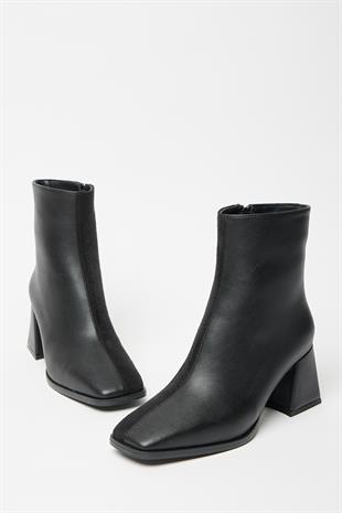 Kadın Siyah Süet Bot & Bootie Küt Burun Topuklu Kontrast PU Deri Fermuarlı Şık