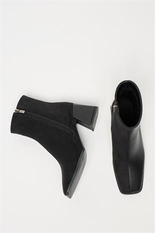 Kadın Siyah Süet Bot & Bootie Küt Burun Topuklu Kontrast PU Deri Fermuarlı Şık