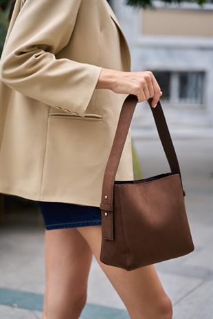 Shopper Yumuşak Deri Ayarlanabilir Askılı Omuz Çantası Kahverengi Süet