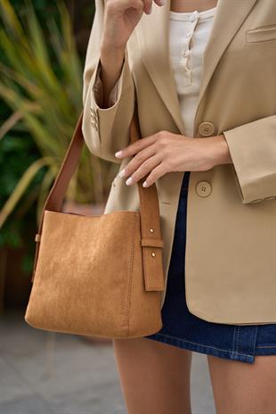 Shopper Yumuşak Deri Ayarlanabilir Askılı Omuz Çantası Taba Süet