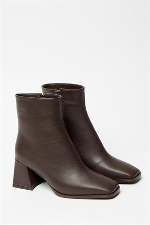 Kahverengi  Bot & Bootie Küt Burun Topuklu Kontrast PU Deri Fermuarlı Şık
