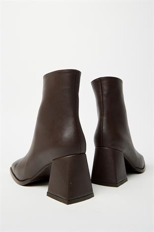 Kahverengi  Bot & Bootie Küt Burun Topuklu Kontrast PU Deri Fermuarlı Şık