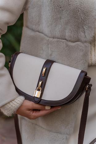 Diva Kontrast Tasarım Çapraz Askılı Kadın Çanta - Kahverengi Krem