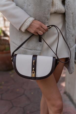 Diva Kontrast Tasarım Çapraz Askılı Kadın Çanta - Kahverengi Krem