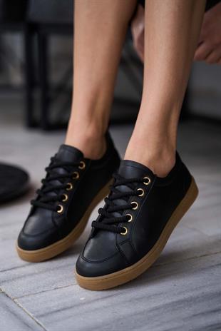 Kalın Bağcıklı Deri Görünümlü Spor Ayakkabı Sneaker Siyah