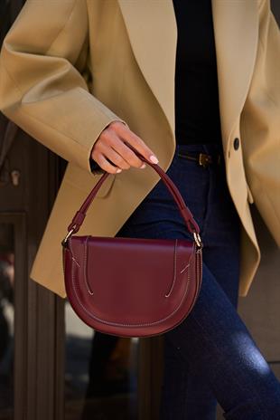Kontrast Dikişli Çapraz Askılı El ve Omuz Çantası Bordo