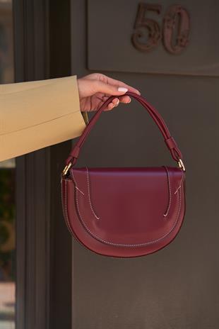 Kontrast Dikişli Çapraz Askılı El ve Omuz Çantası Bordo