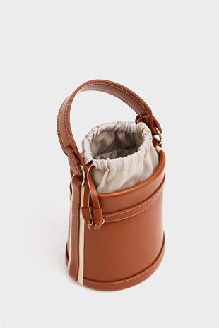 Kontrast Dikişli Kova El ve Omuz  Çanta Taba