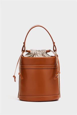 Kontrast Dikişli Kova El ve Omuz  Çanta Taba