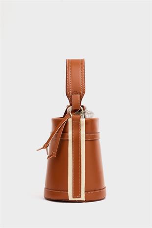 Kontrast Dikişli Kova El ve Omuz  Çanta Taba