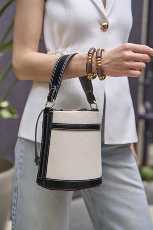 Kontrast Dikişli Kova El ve Omuz  Çanta Kanvas- Siyah