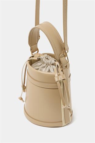 Kontrast Dikişli Kova El ve Omuz  Çanta Vizon