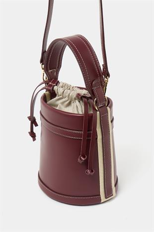 Kontrast Dikişli Kova El ve Omuz  Çanta Bordo