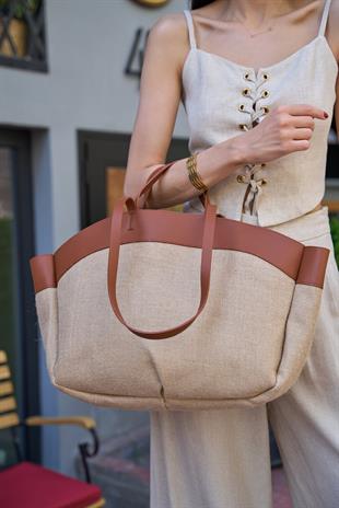 Kontrast Tote Çanta Taba Hasır