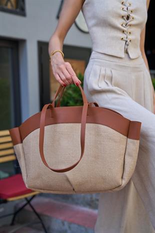 Kontrast Tote Çanta Taba Hasır