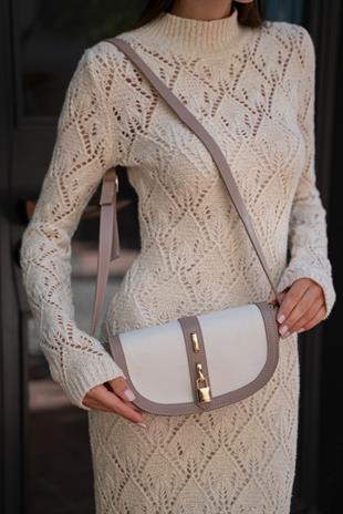 Diva Kontrast Tasarım Çapraz Askılı Kadın Çanta - Koyu Vizon-Krem