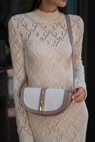 Diva Kontrast Tasarım Çapraz Askılı Kadın Çanta - Koyu Vizon-Krem