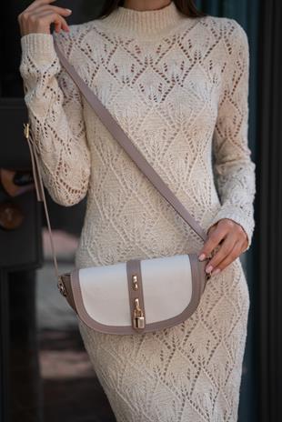 Diva Kontrast Tasarım Çapraz Askılı Kadın Çanta - Koyu Vizon-Krem