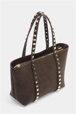 Küçük Boy Zımba Detaylı PU Deri Tokalı El ve Omuz Çantası Kahverengi Süet