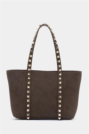 Küçük Boy Zımba Detaylı PU Deri Tokalı El ve Omuz Çantası Kahverengi Süet