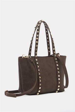 Küçük Boy Zımba Detaylı PU Deri Tokalı El ve Omuz Çantası Kahverengi Süet