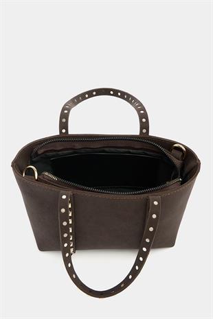 Küçük Boy Zımba Detaylı PU Deri Tokalı El ve Omuz Çantası Kahverengi Süet