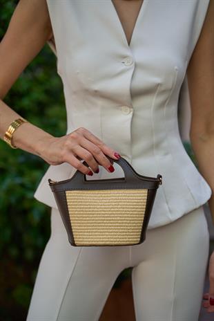 Mini Hasır Detaylı Çapraz Çanta Kahverengi Hasır