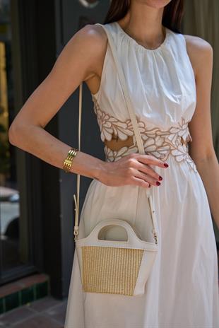 Mini Hasır Detaylı Çapraz Çanta Krem Hasır