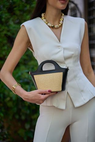 Mini Hasır Detaylı Çapraz Çanta Siyah Hasır