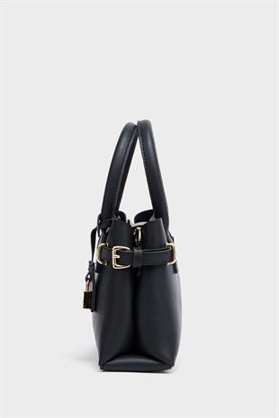 Mini Kilit Detaylı El ve Omuz Çantası Siyah