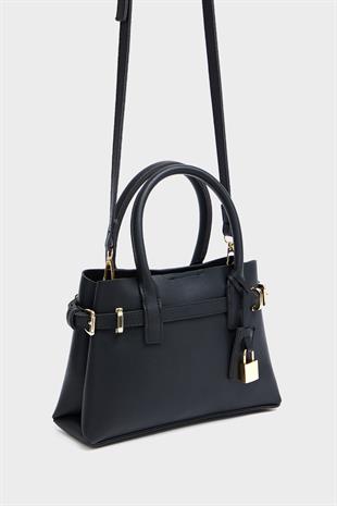 Mini Kilit Detaylı El ve Omuz Çantası Siyah