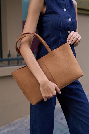 Minimal Tote El Ve Omuz Çantası Taba Süet