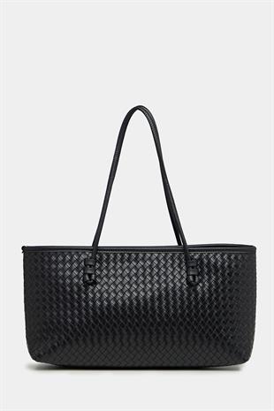 Örgü Desenli PU Deri El ve Omuz Çantası – Zarif Geniş Form Siyah