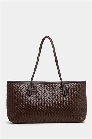 Örgü Desenli PU Deri El ve Omuz Çantası – Zarif Geniş Form Kahverengi