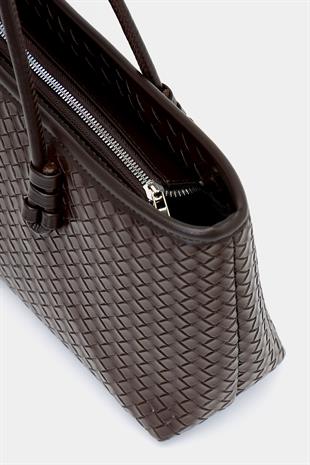 Örgü Desenli PU Deri El ve Omuz Çantası – Zarif Geniş Form Kahverengi