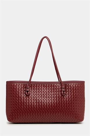 Örgü Desenli PU Deri El ve Omuz Çantası – Zarif Geniş Form Bordo