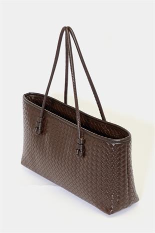 Örgü Desenli PU Deri El ve Omuz Çantası – Zarif Geniş Form Kahverengi