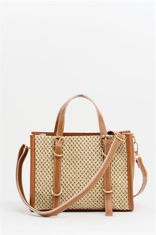 Deri Detaylı Hasır Örgü Kadın Çanta – Bohem Stil Omuz ve El Çantası Taba
